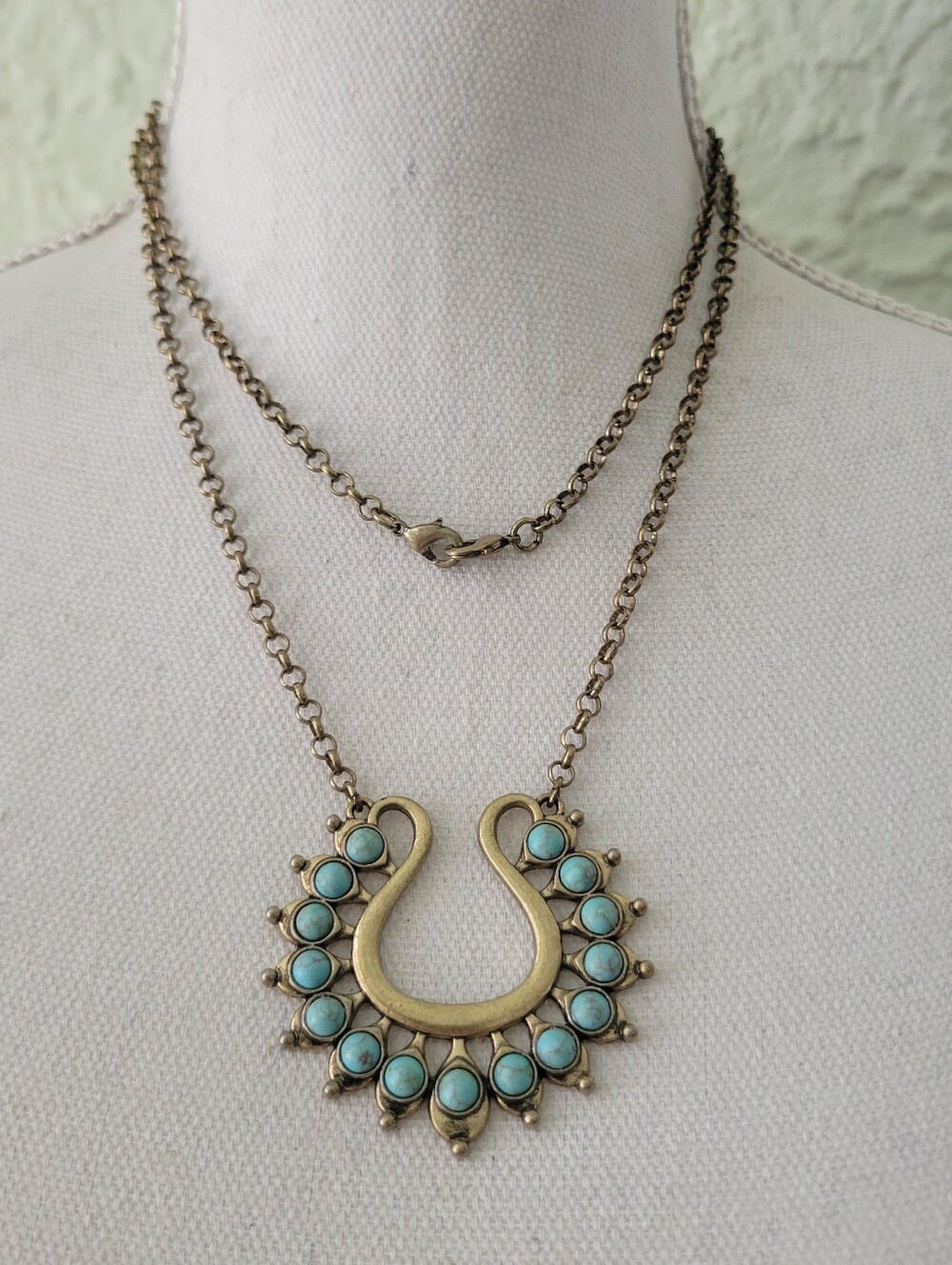 Premier Designs Boho Turquoise Horseshoe Necklace 36” Antique Gold Tone